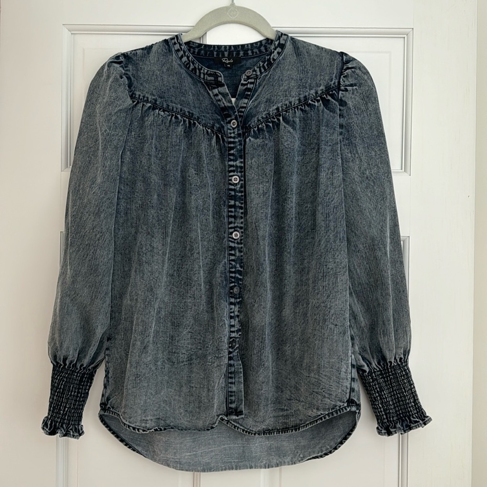 RAILS acid wash dark denim blouse with smocked cuff.